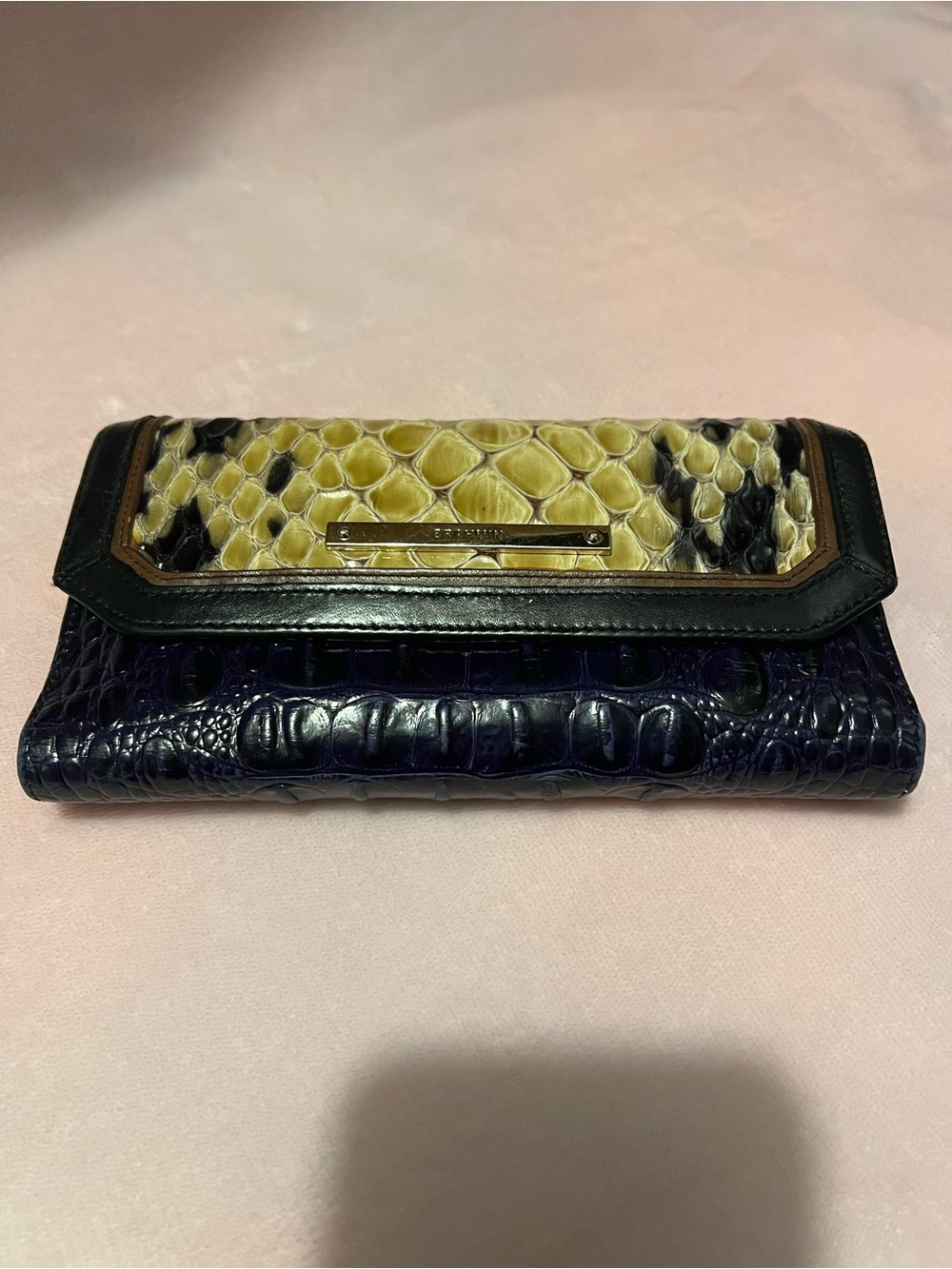 Brahmin Navy Croc-Embossed Wallet with Yellow Python Trim